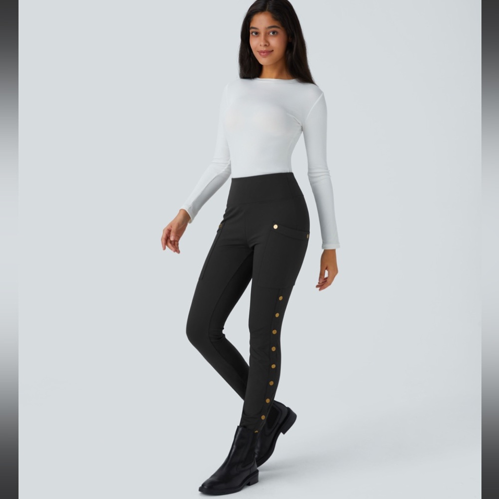 High Waisted Decorative Button Side Pocket Skinny Ankle Length Casual Pants.